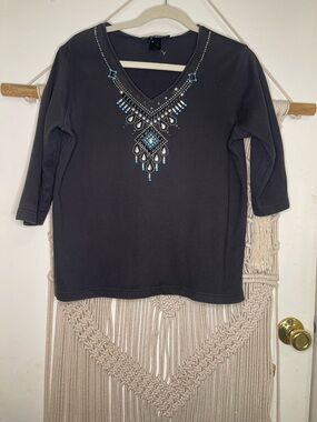 CHRISTINE ALEXANDER Black V-Neck Pullover Top Blouse /Rhinestones Bling Large
